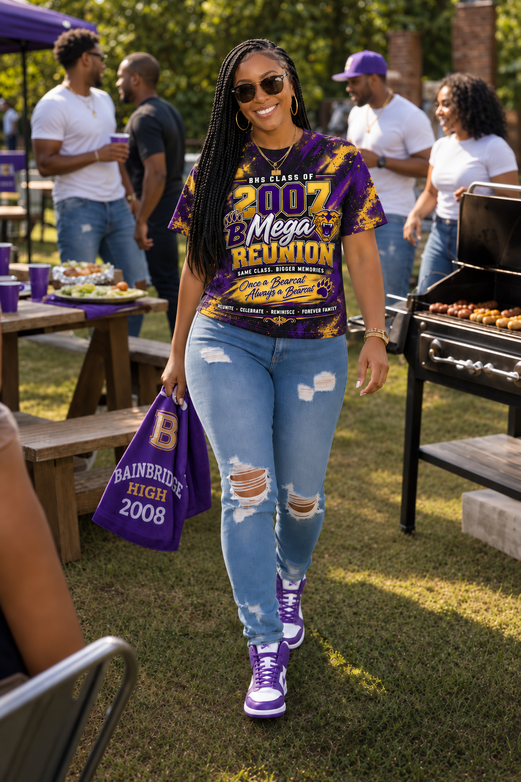 Woman wearing the Class of 2007 all-over reunion T-shirt at a gathering